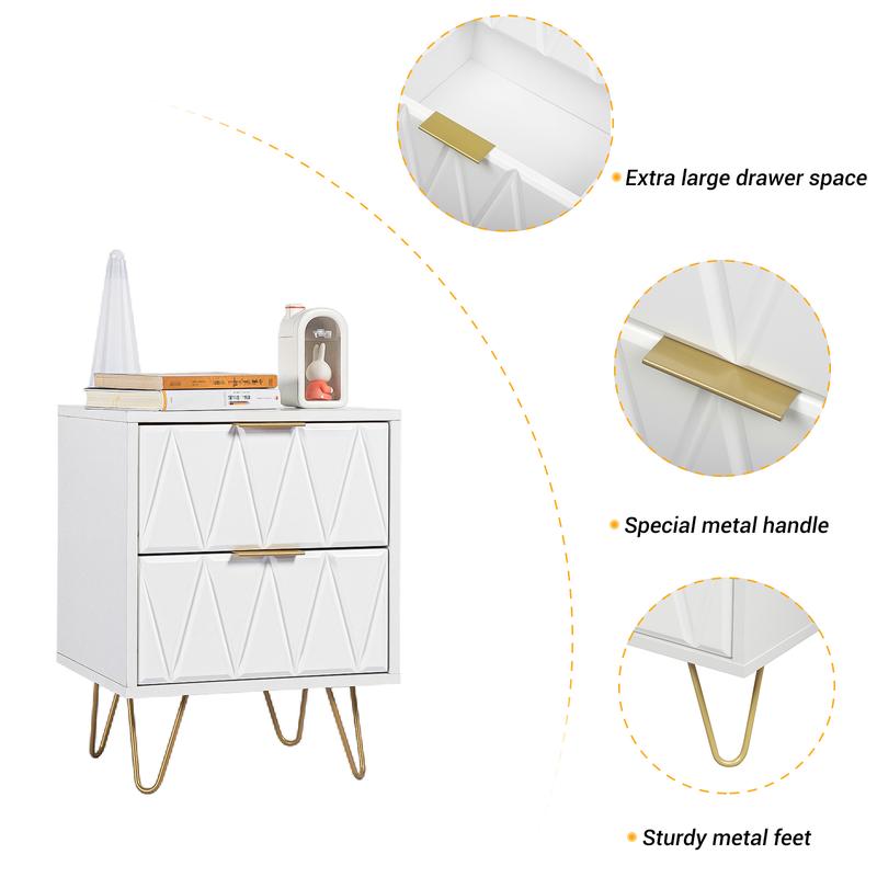 2 mesitas de noche modernas de 2 cajones - Almacenamiento para dormitorio, exquisitas y duraderas mesitas de noche con patas de metal dorado, muebles para sala de estar, muebles para habitación