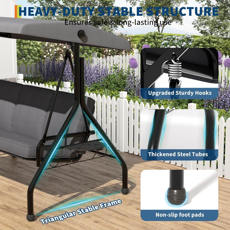Silla colgante de exterior de 3 plazas con respaldo y toldo ajustables, cojines gruesos extraíbles, portavasos, estructura de acero resistente a la intemperie, banco sofá para patio, jardín, terraza o balcón, color marrón.