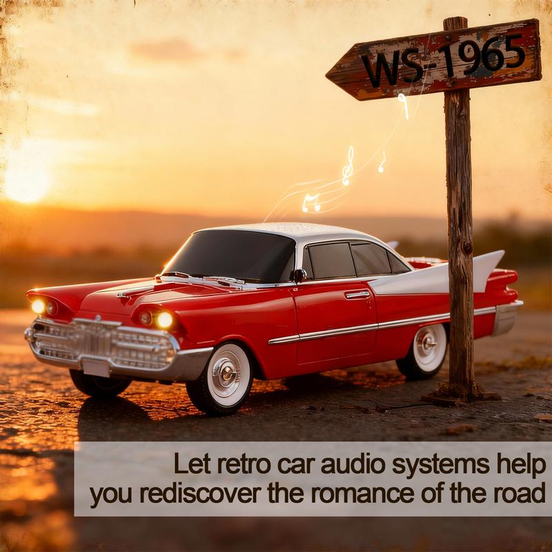 Altavoz Bluetooth WSTER WS-1965 réplica de muscle car clásico con luces LED, batería recargable y audio portátil para amantes de los coches.