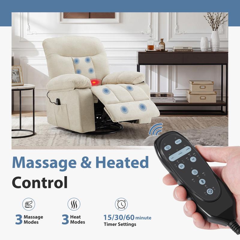 Sillón reclinable mecedor, sillón giratorio con masaje vibratorio y calefacción lumbar, sillón reclinable de tela chenilla giratorio de 270° con reposapiés para sala de estar y dormitorio.