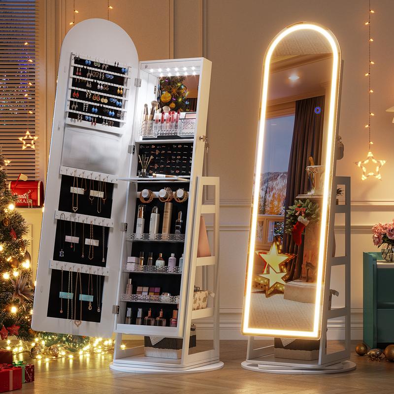 Armario joyero con espejo LED de pie – Armario joyero con cerradura, espejo arqueado de cuerpo entero, luces LED ajustables, regalo ideal para el Día de la Madre, summerwins