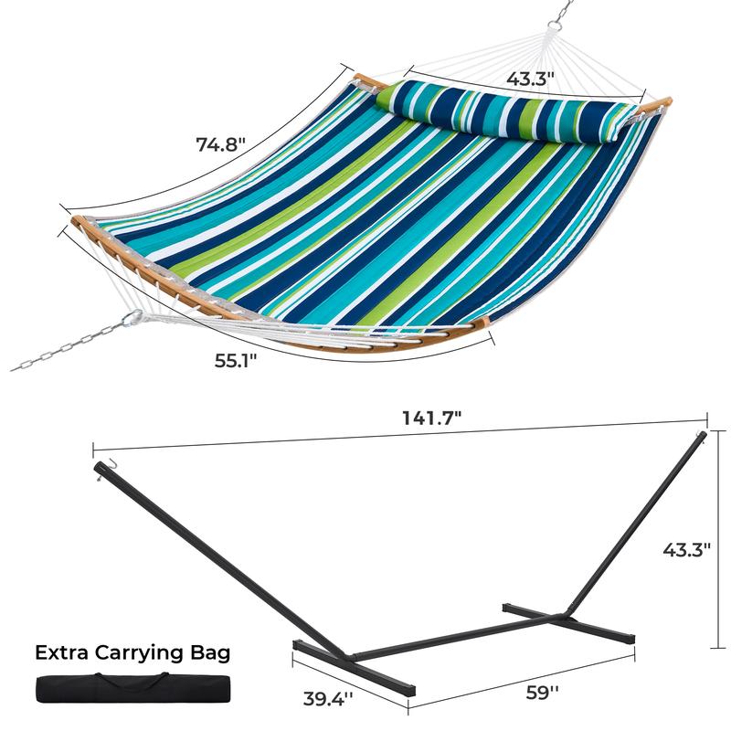 Hamaca doble portátil SUPERJARE de tela ajustable a rayas con soporte, hamaca acolchada de algodón y poliéster de alta resistencia de hasta 204 kg (450 lbs), almohada desmontable, barra curva resistente, bolsa de transporte portátil, ideal para decoración