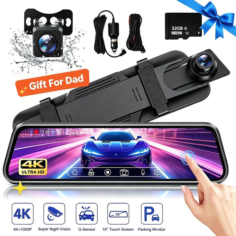 Cámara de salpicadero de 10 pulgadas con pantalla táctil completa y doble lente, resolución 1080p, accesorios para coche delanteros y traseros, cámara de vigilancia para coche, cámara de visión trasera, regalo ideal para los amantes de los accesorios para