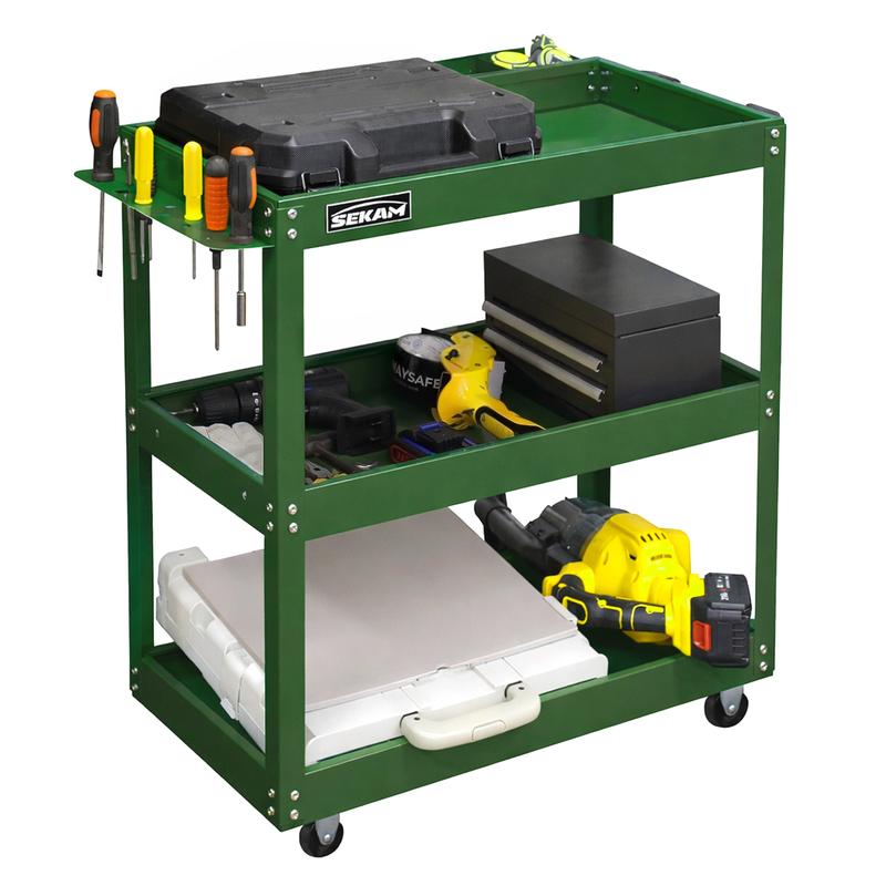 Carro utilitario metálico SEKAM de alta resistencia con capacidad para 150 kg (330 lbs) y base rodante de 4 ruedas. Carro de trabajo para garaje, almacén, taller y almacenamiento de herramientas para uso industrial.