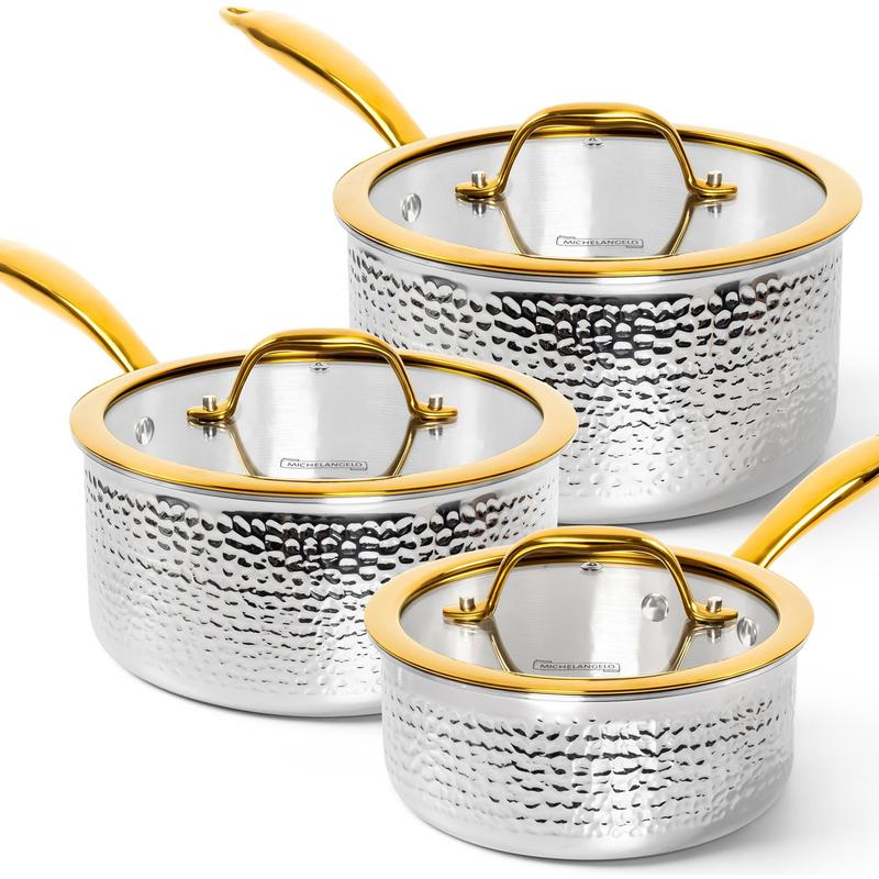 Juego de utensilios de cocina Michelangelo de 10 piezas de acero inoxidable triple, ollas y sartenes martilladas 18/10, elegantes cacerolas con asas doradas, tapas, apto para inducción, fácil de limpiar.