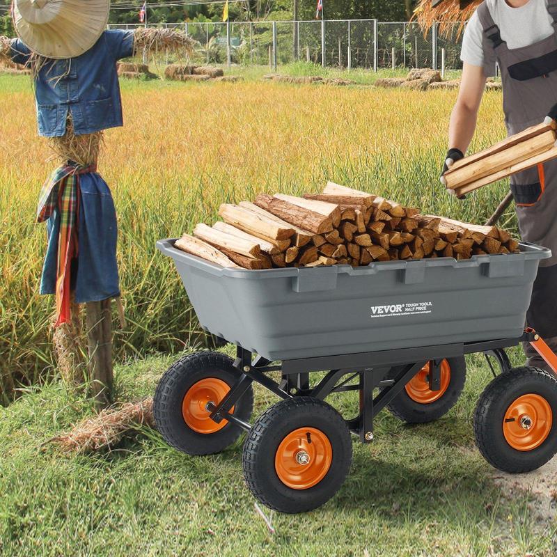 Carro de jardín de polietileno con estructura de acero de fácil montaje, asa convertible 2 en 1, neumáticos de 13 pulgadas, capacidad máxima de 1500 libras, carretilla utilitaria para mayor productividad en el jardín.