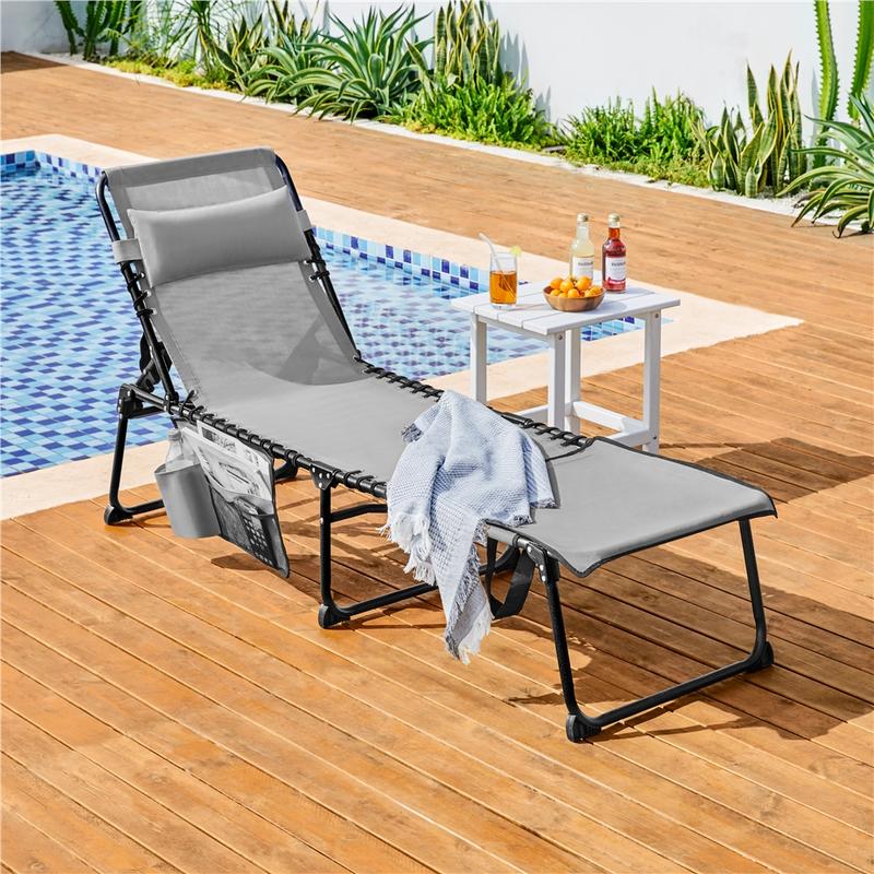Silla plegable para tomar el sol en el patio, con orificio para la cara, tumbona reclinable ajustable en 5 posiciones, ranuras para los brazos, práctico espacio de almacenamiento para tomar el sol y broncearse la espalda.