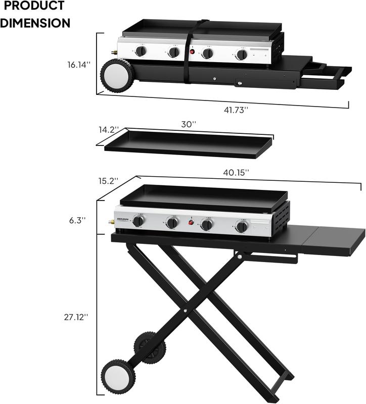 Plancha plegable de propano ROVSUN de 4 quemadores con ruedas y bandeja esmaltada, parrilla de gas portátil de superficie plana de 40000 BTU con encendido electrónico y regulador para cocinar al aire libre, acampar, barbacoas, picnics y eventos deportivos