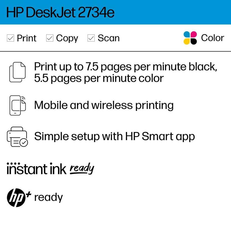 Impresora multifunción inalámbrica a color HP DeskJet 2734e con escáner, copiadora, Instant Ink y HP+ (26K72A)
