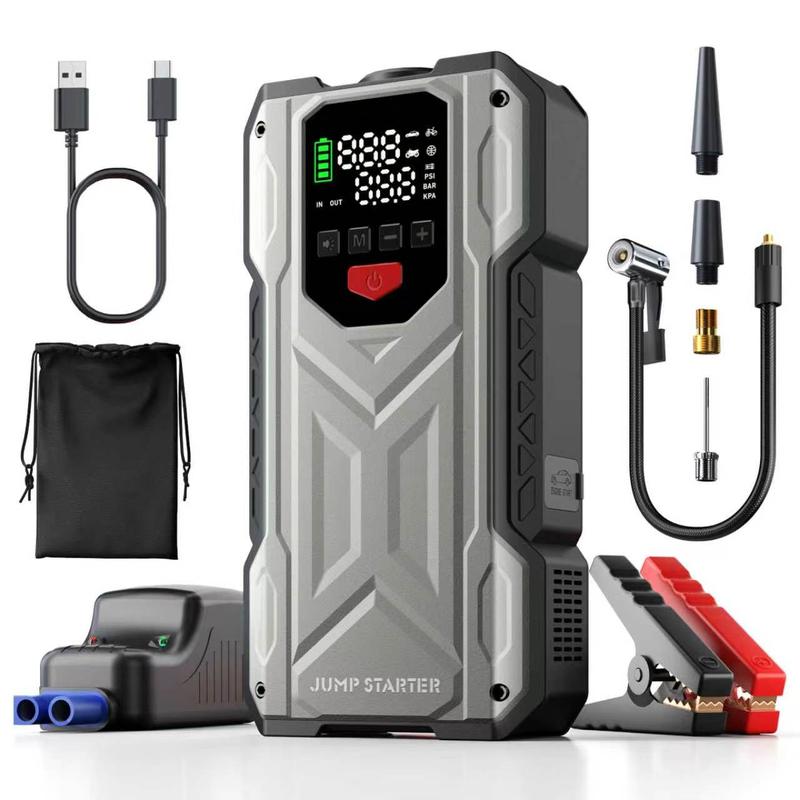 Arrancador de coche de 16000 mAh con compresor de aire incorporado - Arranque de vehículos de 12 V, compatible con modelos de gasolina de 10 L y diésel de 9 L, herramienta portátil multifuncional de rescate en carretera.