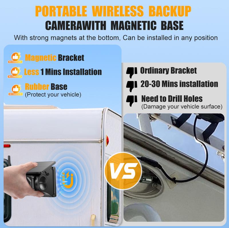 Cámara de visión trasera magnética inalámbrica para autocaravanas, batería recargable USB-C y alimentación solar, configuración inalámbrica, pantalla HD 1080P de 7" con visión nocturna y grabación en memoria, imán sin instalación, cámara de salpicadero pa