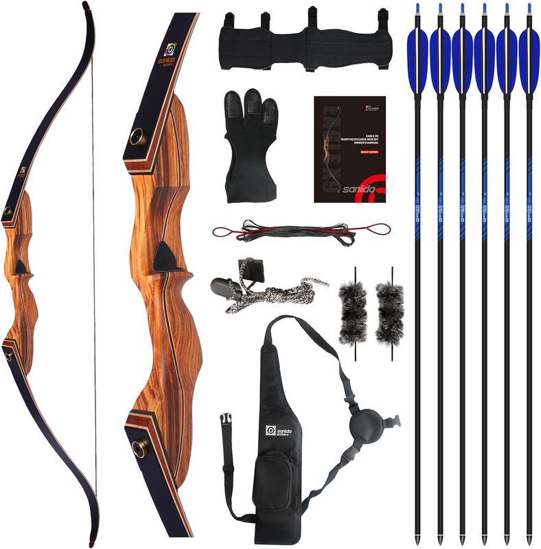 Sanlida Eagle X9 Nuevo arco recurvo estándar RTH de 58" con flechas para adultos y cazadores, paquete de arco recurvo desmontable de madera para exteriores y práctica de 25 a 60 libras.