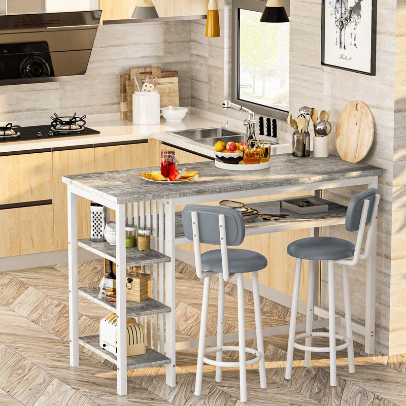Juego de 3 mesas y sillas de bar AWQM, mesa moderna de imitación mármol blanco con 2 taburetes de bar con cojines de PU, mostrador de cocina con estantes de almacenamiento de 3 niveles, mesa que ahorra espacio para el hogar y la cocina, marco negro, juego