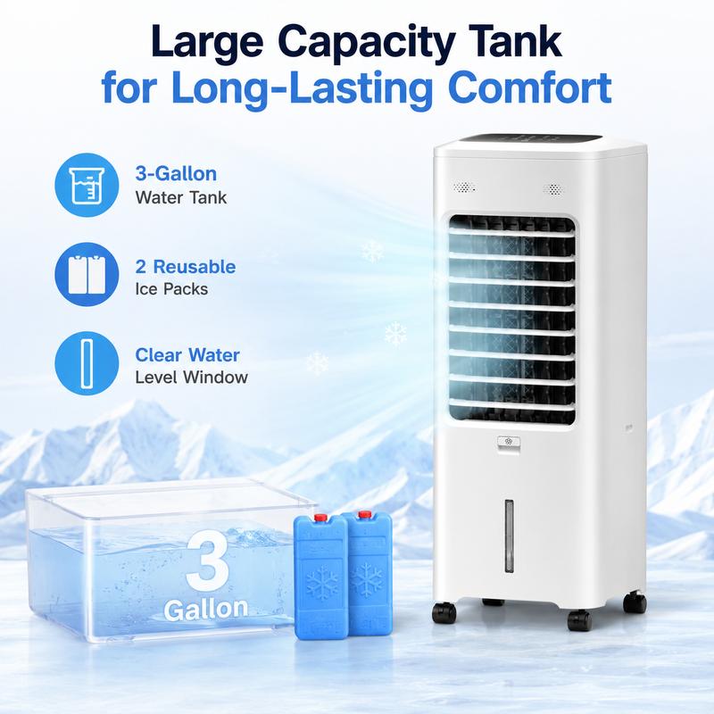Ventilador enfriador de aire portátil - Humidificador enfriador sin ventilación de 3.5 galones con 2 cajas de hielo reutilizables, control remoto inalámbrico, temporizador programable de 9 horas, oscilación de 110°, 3 modos de enfriamiento, 4 niveles de v
