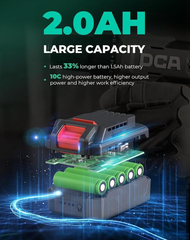 【Garantía de 5 años】Taladro inalámbrico DCA de 20 V, juego de 25 piezas, 28 ft・lb de torque, portabrocas sin llave de 3/8", batería de 2.0 Ah y cargador, 18+1 ajustes de embrague, ideal para bricolaje en el hogar, montaje de muebles, plomería, perforación