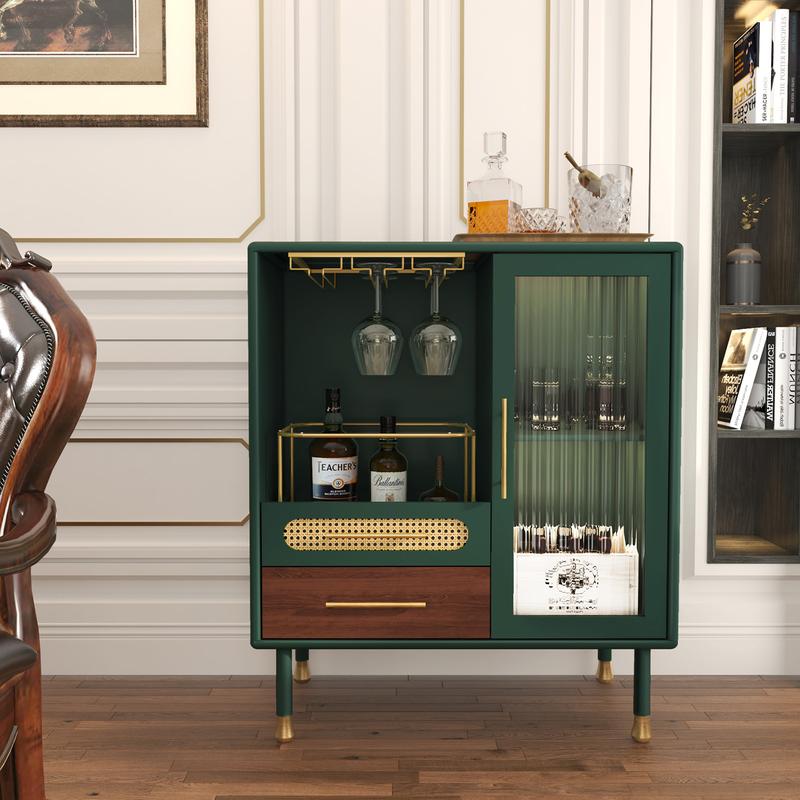 Mueble bar HLR verde esmeralda con detalles dorados, detalles de ratán, almacenamiento de doble zona de 94 cm y cajón extraíble: muebles de estilo clásico para apartamentos, muebles para estudios, ideal para quienes disfrutan del entretenimiento en casa,
