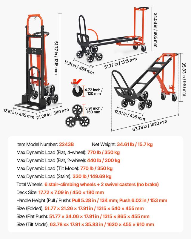 Carro industrial convertible 3 en 1 para subir escaleras, carga máxima de 350 kg, carretilla plegable con asa y ruedas, carro utilitario para subir escaleras, transporte y mudanzas, color naranja y plateado.