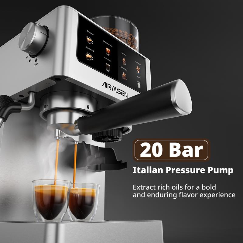 Cafetera espresso AIRMSEN con molinillo de muelas, 20 bares, acero inoxidable para uso doméstico, cafetera profesional con depósito de agua extraíble y espumador de leche BCM2316
