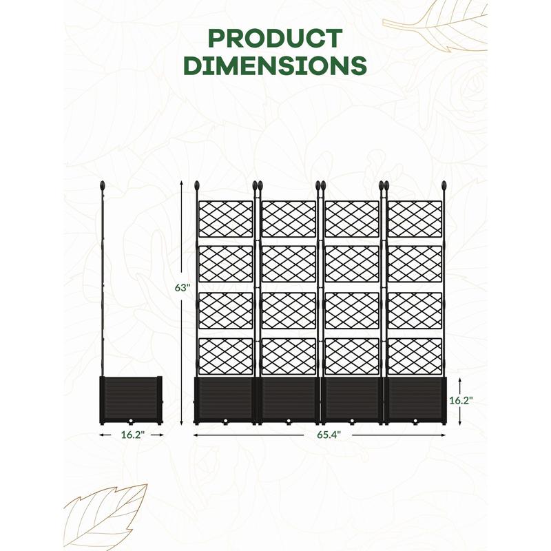Juego de 7 macetas elevadas con enrejado, 116" de ancho x 63" de alto, de plástico, para jardín vertical exterior con plantas trepadoras, con pantalla de privacidad integrada, resistentes y ligeras para patio, balcón y jardín.
