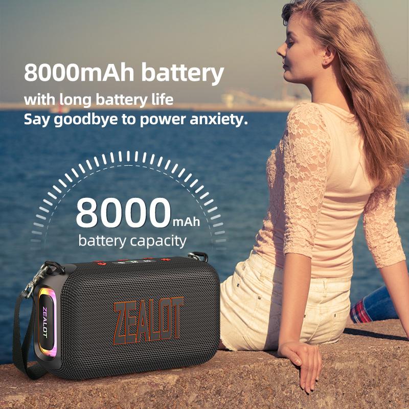 【 ZEALOT 】 Altavoz Bluetooth, altavoz portátil para interiores y exteriores, 50 W (60 W de pico), resistente al agua IPX6, emparejamiento inalámbrico dual, ecualizador, USB/TF/entrada de línea/BT5.3, altavoz de viaje con sonido nítido, sistema de luz ambi