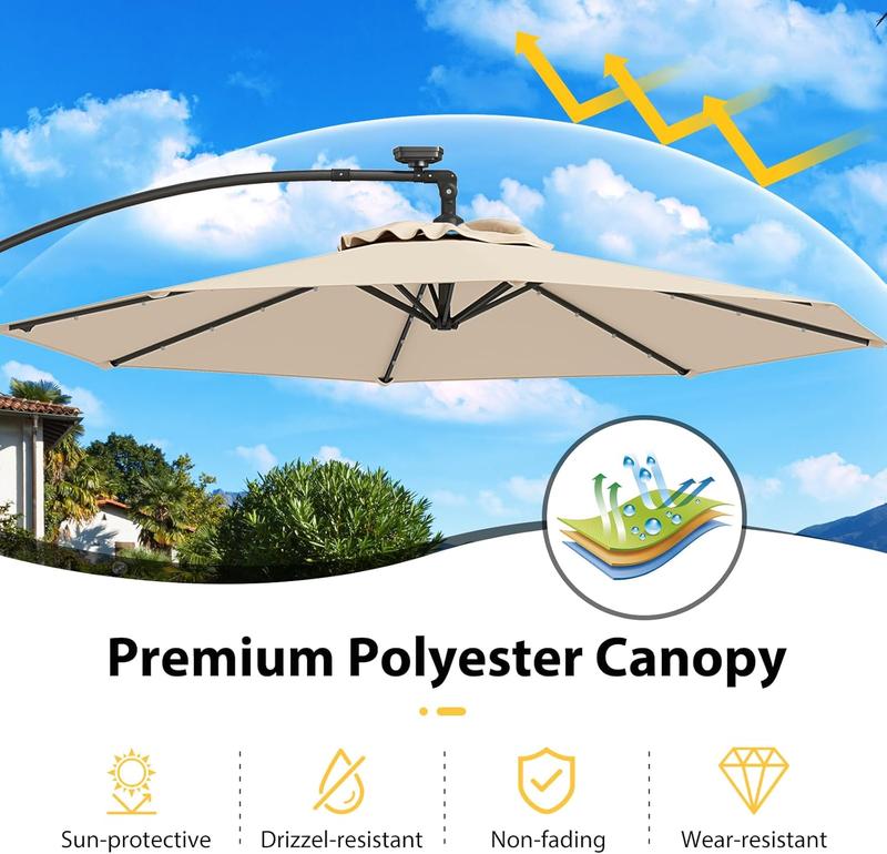 Sombrilla de patio solar giratoria de 360° de 3 metros, sombrilla de exterior con brazo lateral descentrado, fácil ajuste de inclinación, manivela y base en cruz para piscina, terraza, jardín o patio trasero.