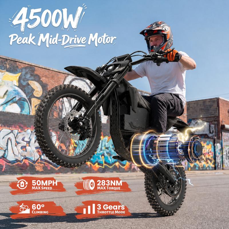 Bicicleta eléctrica todoterreno QRONGE X1 Spark - Potencia máxima de 4500 W, motor central, 60 V, 28,8 Ah, hasta 80 km/h de velocidad y 96 km de autonomía, neumáticos todoterreno de 14"/12", bicicleta eléctrica para adultos, motor central.