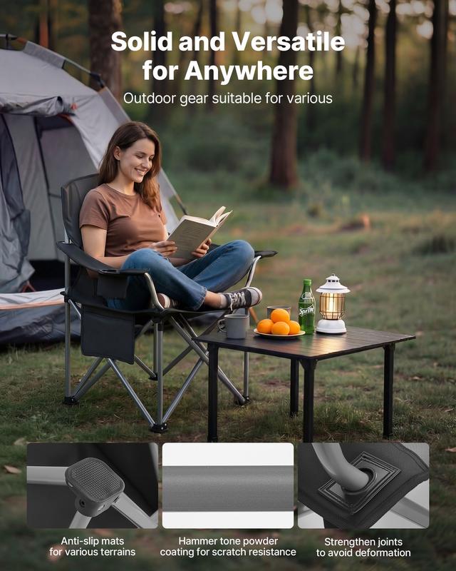 Sillas plegables extragrandes para camping VEVOR, paquete de 2, estructura metálica resistente de 204 kg, respaldo y reposabrazos acolchados de algodón resistente a la abrasión, portavasos, bolsillo lateral, bolsa térmica, bolsa de transporte para pesca a