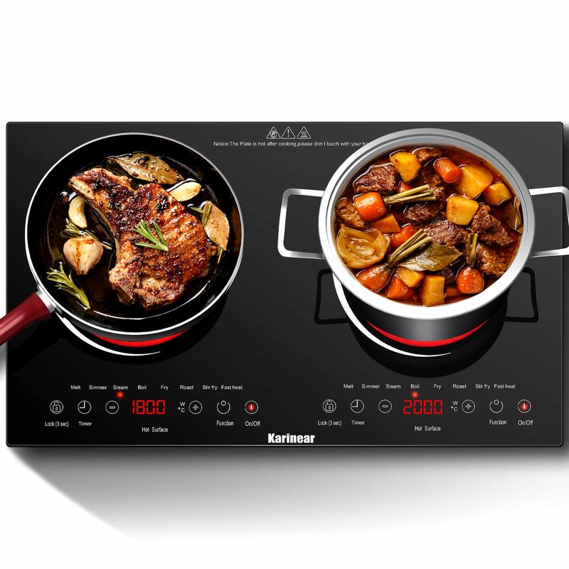 Placa de cocina eléctrica portátil multifunción Karinear de 2 quemadores, cocina eléctrica con control táctil, bloqueo de seguridad para niños, temporizador, protección contra sobrecalentamiento, electrodoméstico de cocina, placa de cocina portátil.