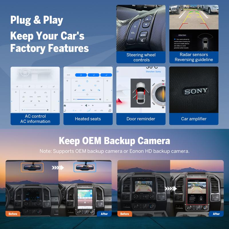 El sistema de audio para automóvil EONON es compatible con los modelos de 2015 a 2020 y admite CarPlay y Android Auto (con y sin cable). Incluye una unidad principal con pantalla táctil IPS Android 13 de 12,1 pulgadas, sonido envolvente DTS, Bluetooth, GP