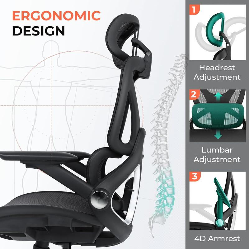 Silla de oficina ergonómica moderna ajustable CAPOT Aerovith de malla - Giro de 360 ​​grados, ruedas giratorias, excelente soporte lumbar, reposabrazos abatibles, asiento ajustable en altura, ideal para largas jornadas de trabajo en el escritorio, silla e