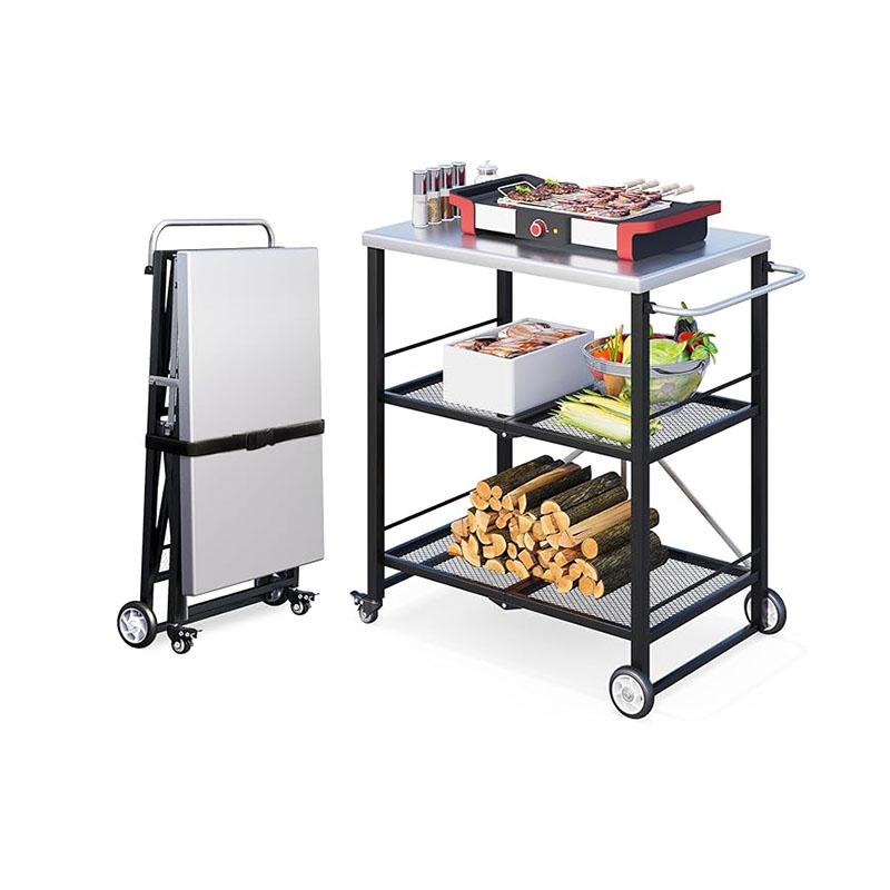Mesa de barbacoa exterior de acero inoxidable con soporte para horno de pizza, mesa plegable de 3 niveles con ruedas, isla de cocina portátil para apartamentos, estudios y cocinas en el patio trasero, acabado negro.