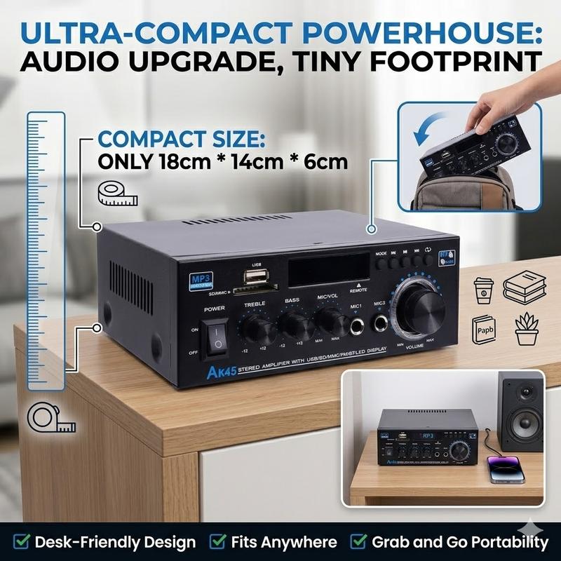Amplificador estéreo Bluetooth 5.0 HiFi de 2.0 canales con soporte para USB, SD y RCA para micrófono dual, ideal para karaoke, cine en casa, fiestas y transmisión de audio.