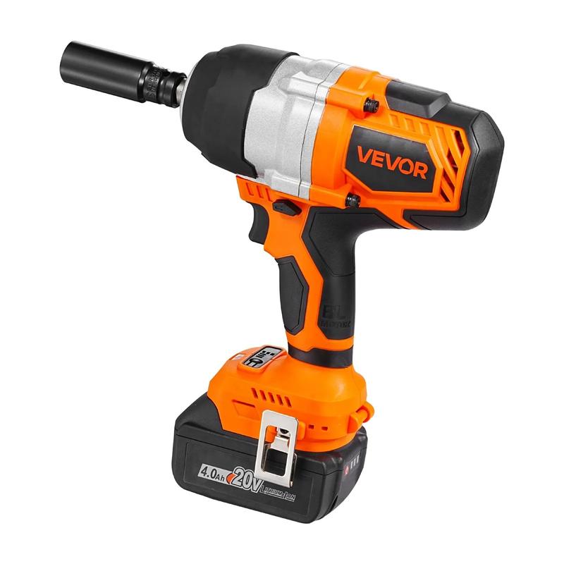 Llave de impacto inalámbrica VEVOR, 958.8 ft-lbs / 1300 N·m de alto torque, 1/2 pulgada, 20 V, con motor sin escobillas, 2 baterías de 4 Ah, cargador, 5 vasos y clip para cinturón, para neumáticos de coche y camión, regalos del día del padre.