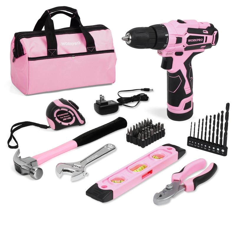 #rebajasdeverano WORKPRO Taladro atornillador inalámbrico rosa de 12 V y kit de herramientas para el hogar, juego de herramientas manuales para bricolaje y mantenimiento del hogar, incluye bolsa de almacenamiento de 35 cm - Cinta rosa