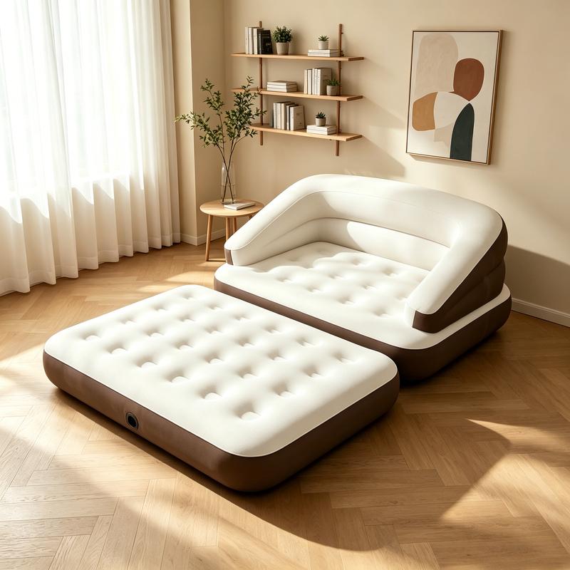 Sofá cama inflable convertible 5 en 1, tamaño individual, con respaldo alto y asiento profundo, portátil para acampar y viajar, incluye bomba de aire, diseño convertible 5 en 1, portátil y práctico.