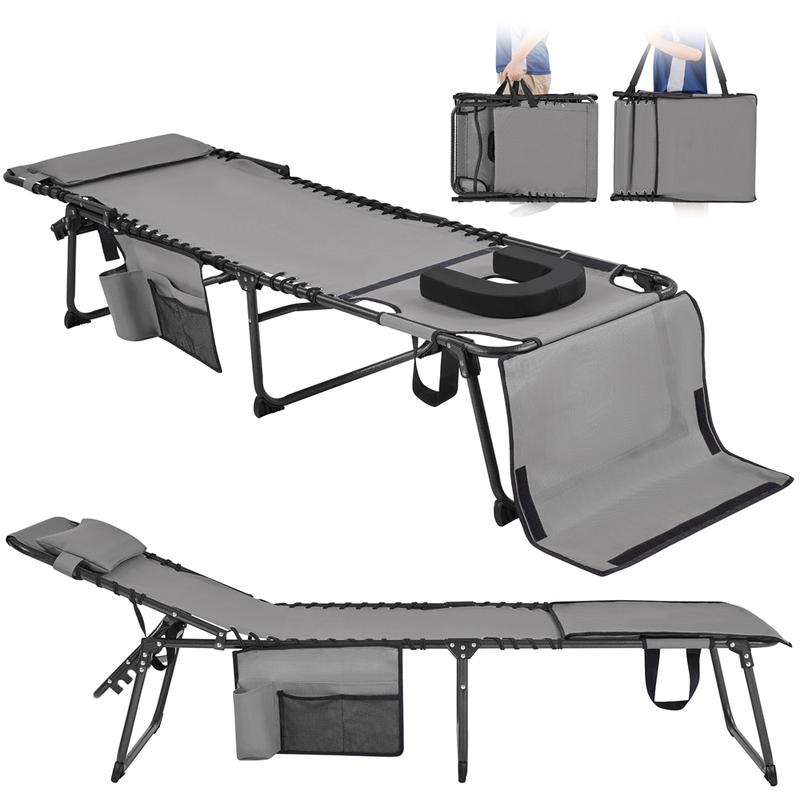 Silla plegable para tomar el sol en el patio, con orificio para la cara, tumbona reclinable ajustable en 5 posiciones, ranuras para los brazos, práctico espacio de almacenamiento para tomar el sol y broncearse la espalda.