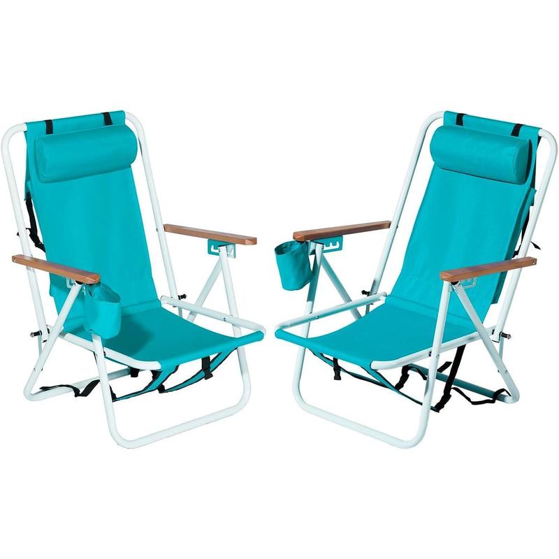 Outvita 2 sillas de playa plegables con reposacabezas ajustable y 4 ángulos de inclinación flexibles, portavasos, portátiles, de tela resistente y lavable, ideales para arena, camping, césped, conciertos, viajes y festivales de verano.