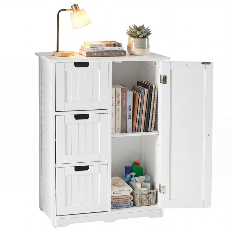 Mueble de baño moderno de madera blanca para suelo - Armarios de madera, doble cajón, organizador de almacenamiento multicompartimento con 3 cajones, 2 estantes, armarios con doble cajón