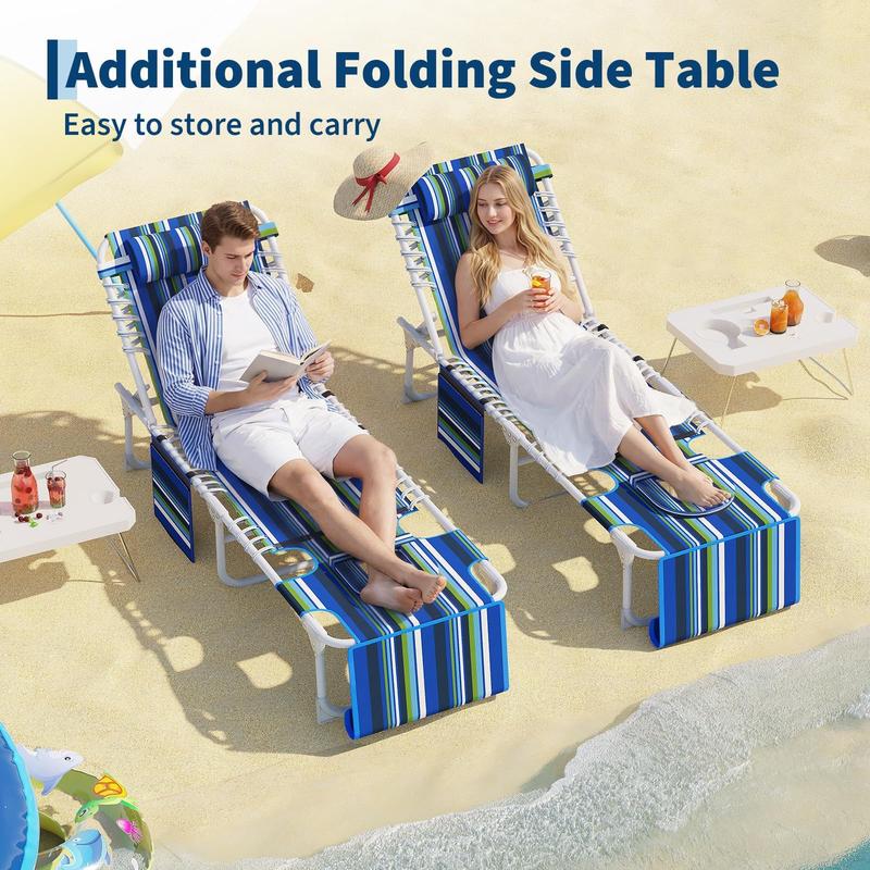Tumbona de exterior 3 en 1 con orificio para la cara, mesa auxiliar plegable y almohada extraíble, 5 posiciones de reclinación ajustables, banco resistente para patio, piscina, jardín y playa, carga máxima de 150 kg.