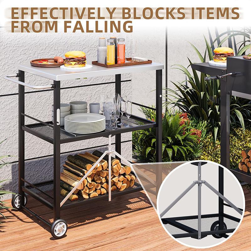 Mesa de barbacoa exterior de acero inoxidable con soporte para horno de pizza, mesa plegable de 3 niveles con ruedas, isla de cocina portátil para apartamentos, estudios y cocinas en el patio trasero, acabado negro.