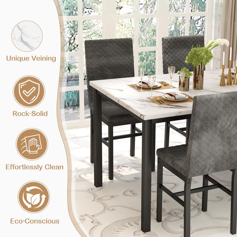 Juego de 4 mesas de comedor de interior de lujo con imitación de mármol Recaceik - Mesa de fácil limpieza de 47.24" x 27.5", 4 sillas ergonómicas modernas tapizadas en terciopelo de 35.82" de altura con cojines de asiento de 15.15" x 15.15", muebles de co
