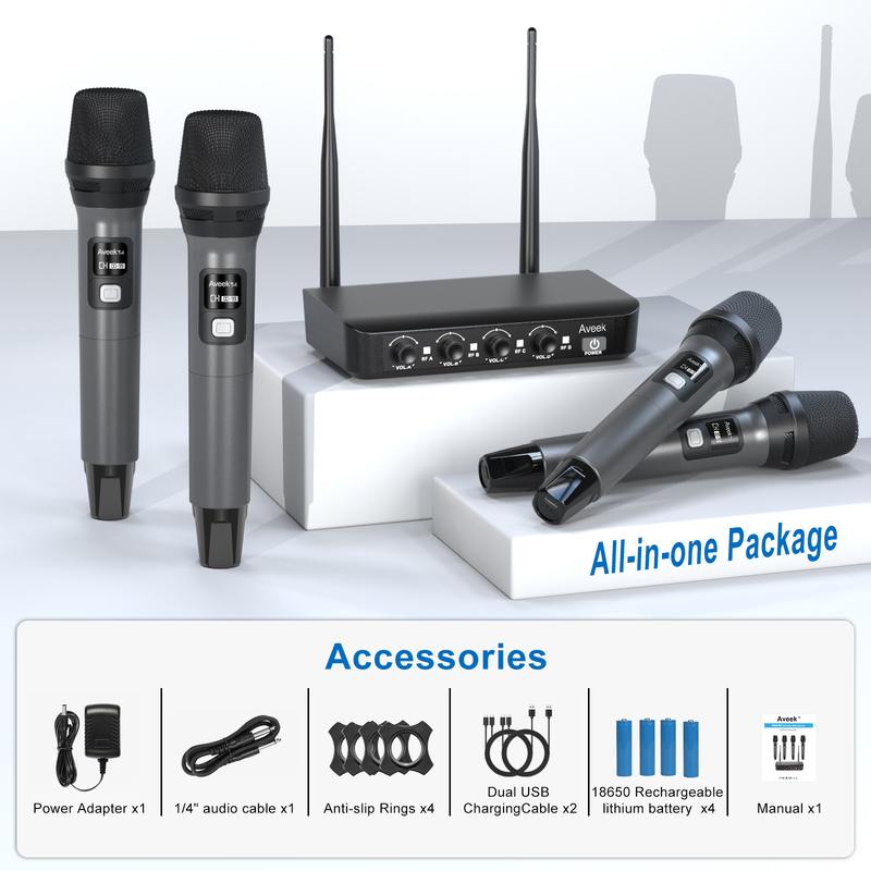 Sistema de micrófono inalámbrico Aveek con 4 micrófonos dinámicos de mano: alcance de 78 metros, batería de 40 horas, sonido de estudio de baja latencia para karaoke, canto, iglesia, escenario y eventos.