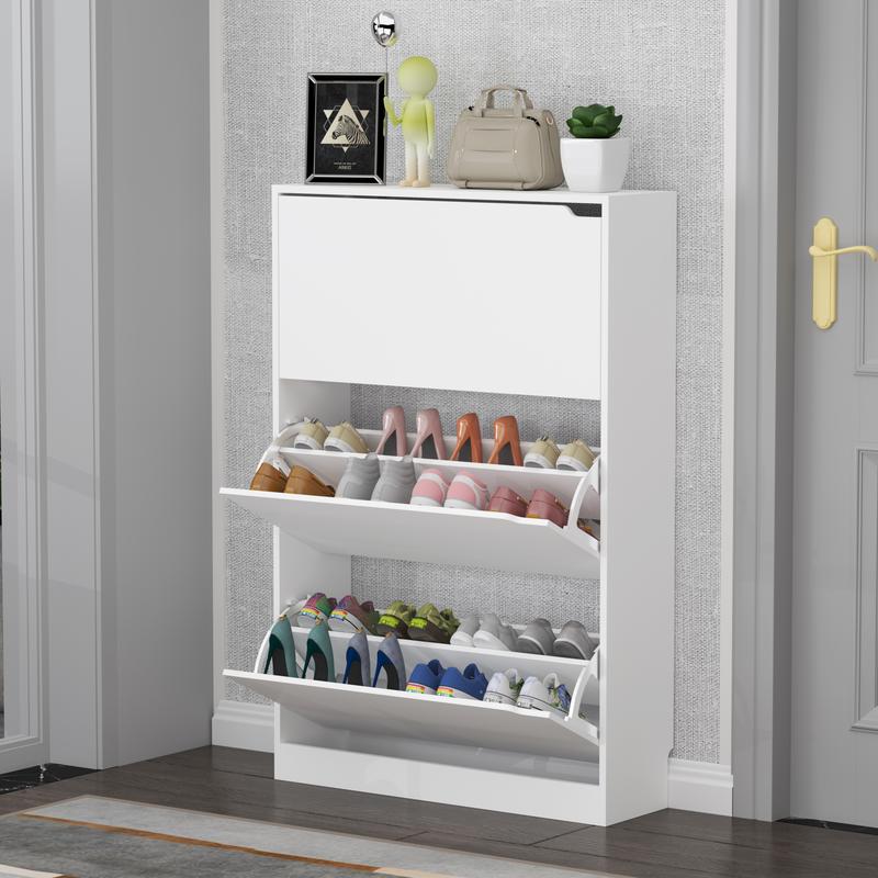 Zapatero ajustable con acabado natural y almacenamiento oculto, zapatero con 3 cajones abatibles, zapatero estrecho, organizador independiente para muebles multifuncionales de tamaño reducido