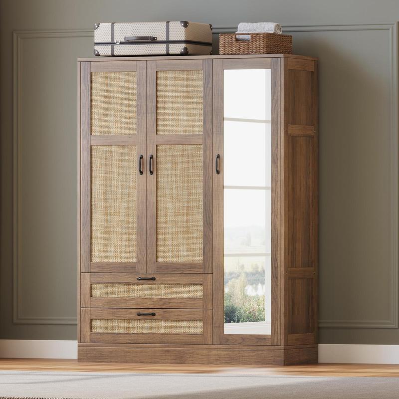 Armario moderno de madera blanca de 3 puertas FUSOU - Mueble de almacenamiento independiente con espejo de cuerpo entero, estantes ajustables, barra para colgar ropa, organizador de ropa, se envía en 2 paquetes para la organización del armario del dormito