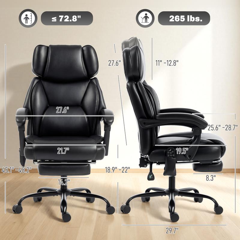 Sillón de oficina con masaje y vibración de 6 puntos, sillón reclinable acolchado con respaldo alto, tapizado en cuero sintético, reposapiés, cojín de muelles grueso, soporte lumbar, altura ajustable y ruedas giratorias.
