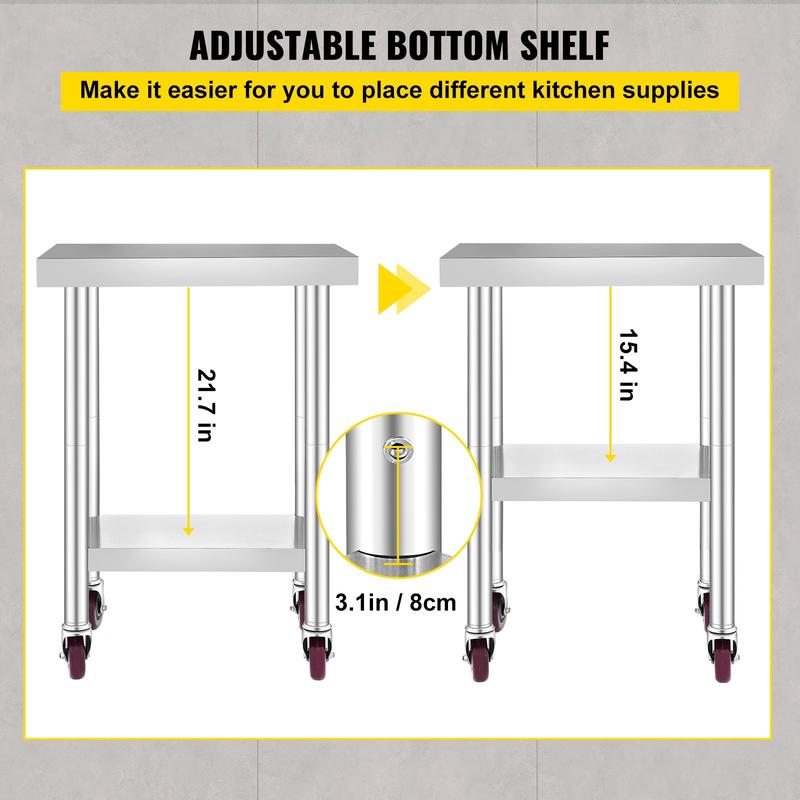 Mesa de trabajo VEVOR de acero inoxidable, varias especificaciones, con 4 ruedas, mesa de trabajo comercial de alta resistencia para preparación de alimentos con freno para trabajos de preparación de cocina, mesa de trabajo de acero inoxidable