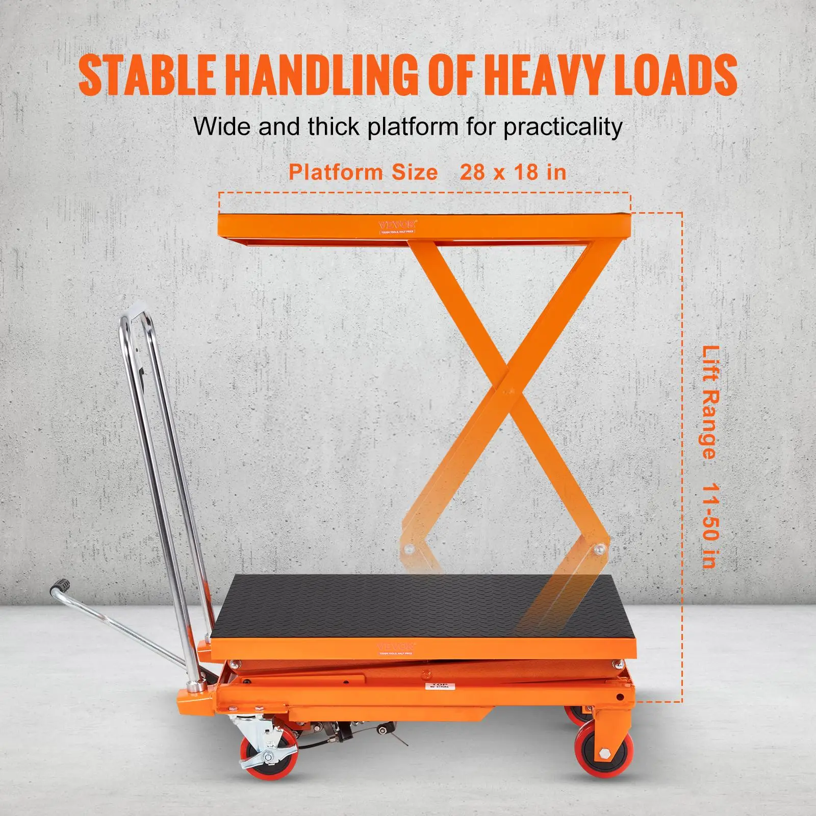 Carro de mesa elevadora hidráulica — Capacidad de 330 lb, altura de elevación de 50", mesa elevadora manual de doble tijera con 4 ruedas y almohadilla antideslizante.