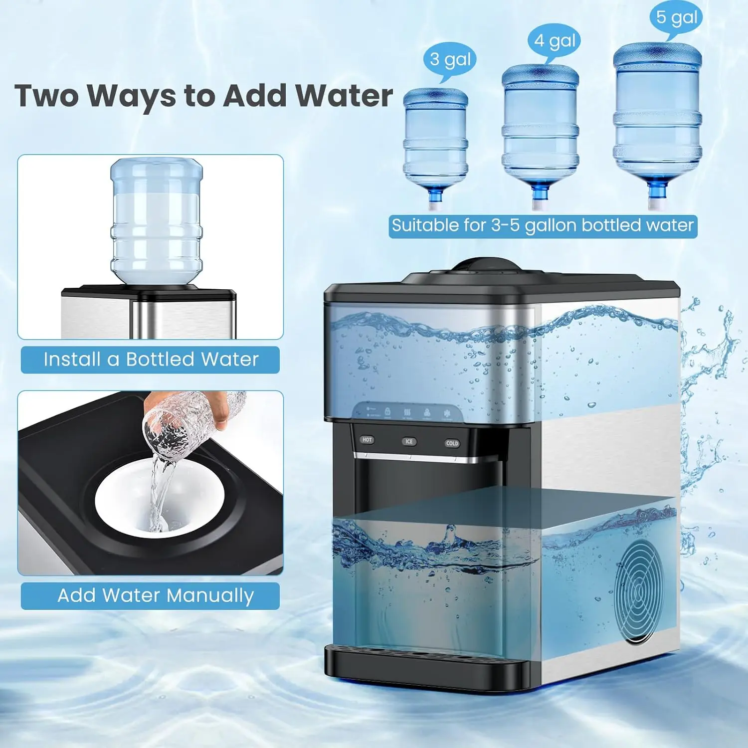 Dispensador de agua de sobremesa con máquina de hielo; dispensador 3 en 1 de carga superior para agua fría y caliente (garrafas de 5 galones) y producción de 48 libras de hielo al día.