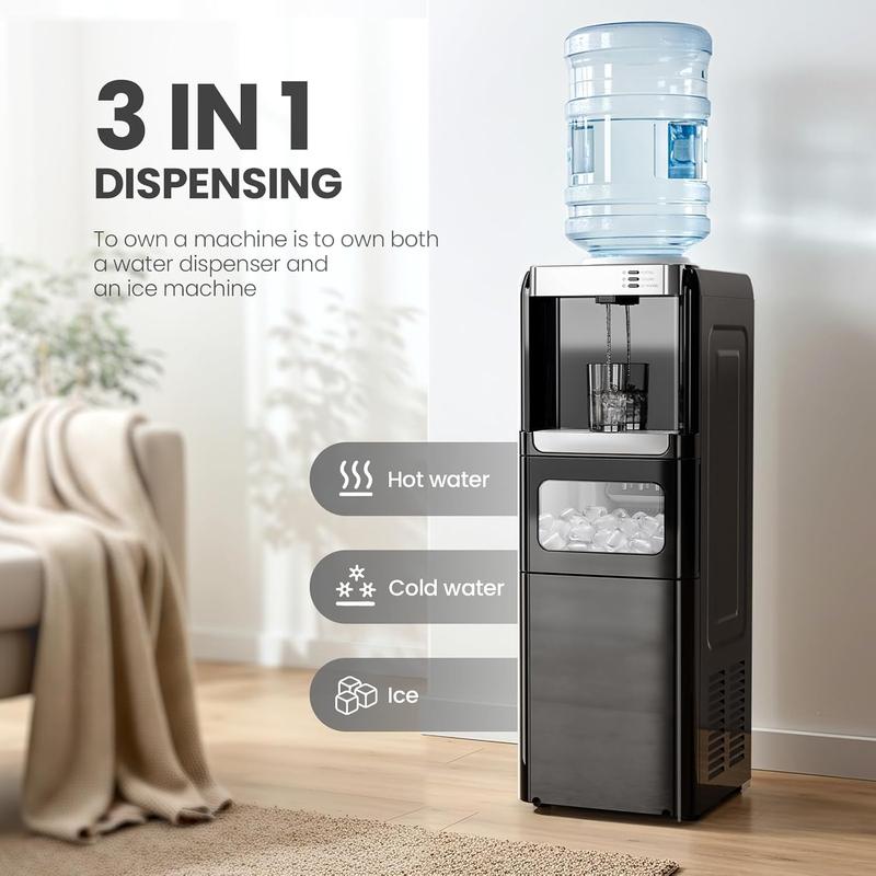 Dispensador de agua Kismile [Regreso a clases] con máquina de hielo - Producción diaria de hielo de 15 kg, bloqueo para niños, agua caliente, diseño de bajo consumo, compatible con botellas de 7,5/12,8/19 litros para uso doméstico/personas mayores - Negro