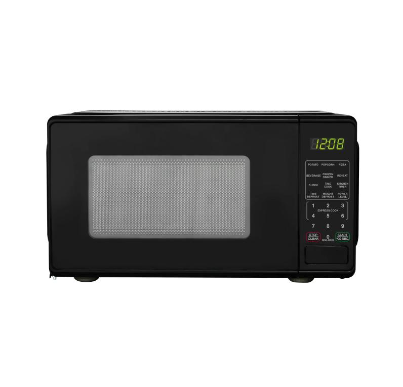 Horno microondas de encimera negro de 0,7 pies cúbicos, 700 vatios, diseño compacto, ideal para cocinar y hornear.
